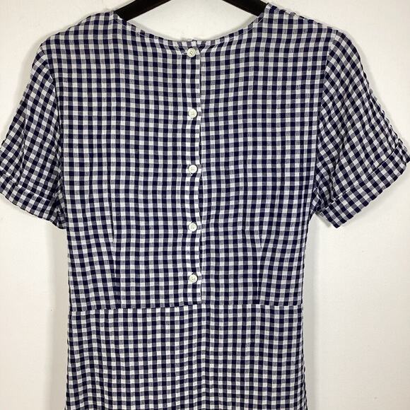 J McLaughlin Sadie Tie Waist Gingham Navy Linen Cotton Dress 12 Knee Length - Picture 3 of 7